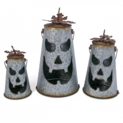 Wholesale 🔔 Gerson Assorted Metal 🔨 Hammered Jack-O-Lantern Luminaries With Leaf Details (Set Of 3) 🛒